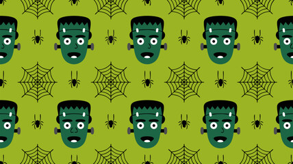 Colorful Halloween pattern featuring cartoon Frankenstein characters, spiders, and spider webs on a vibrant green background