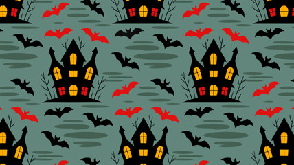Spooky Halloween pattern featuring haunted houses and bats under a cloudy sky