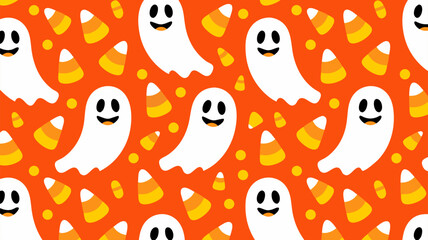 Halloween pattern featuring playful ghosts and candy corn on a vibrant orange background