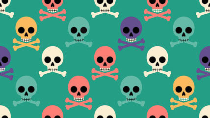 Colorful skulls and crossbones pattern on teal background for festive decorations and designs