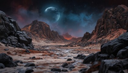 Surreal landscape illustration features futuristic rocky terrain under a vast celestial sky. A large moon dominates the scene, casting an ethereal glow on the alien planet mountains and valley floor.