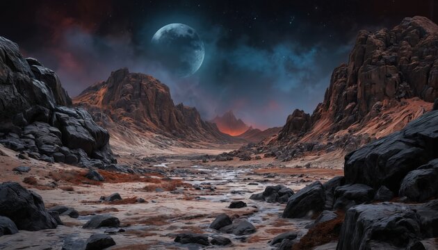 Surreal landscape illustration features futuristic rocky terrain under a vast celestial sky. A large moon dominates the scene, casting an ethereal glow on the alien planet mountains and valley floor. - Powered by Adobe