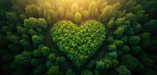 Aerial view of rich green forest forming a heart shape. Symbolizes love for nature, environmental conservation, and eco-friendly practices. Serene atmosphere, spirit of oneness, and natural beauty.