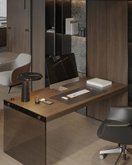 Elegant minimalist office interior with a sleek wooden desk, iMac, leather chair, and modern decor in a luxury home setting.