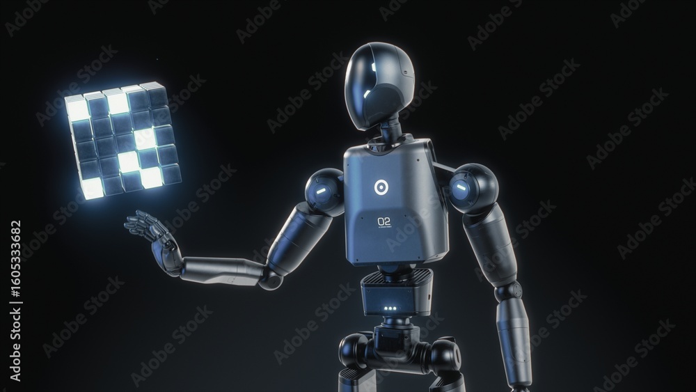 Poster visualization of high-tech humanoid robot interacting with levitating hologram of digital cube, show