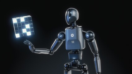 Visualization of High-Tech Humanoid Robot Interacting with Levitating Hologram of Digital Cube, Showcasing Artificial Intelligence. Futuristic Concept of Advanced Robotics, Virtual Data Digitalization