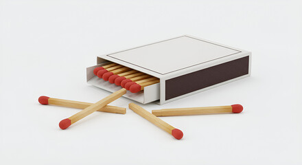 Open matchbox with wooden matches spilling out on a clean white background. The red heads and simple composition emphasize everyday utility.