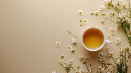 A mockup of hot chamomile tea against a pale olive background, creating a natural and earthy vibe for your design.