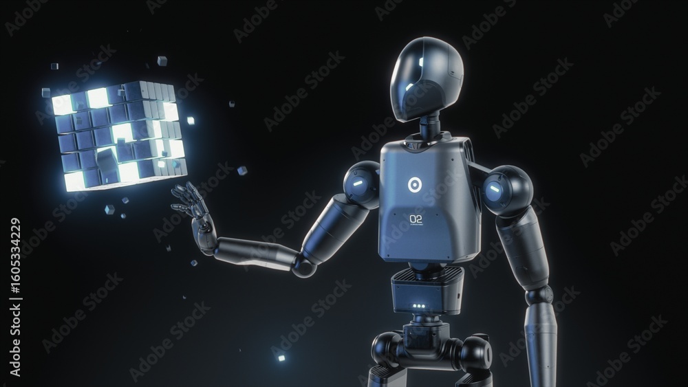Fototapete Visualization of High-Tech Humanoid Robot Interacting with Levitating Hologram of Digital Cube, Showcasing Artificial Intelligence. Futuristic Concept of Advanced Robotics, Virtual Data Digitalization