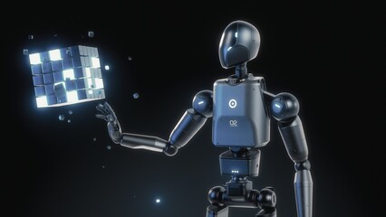 Visualization of High-Tech Humanoid Robot Interacting with Levitating Hologram of Digital Cube,...