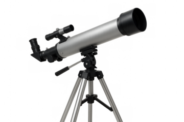Modern telescope pointing towards the sky, ready for astronomical observation, isolated on transparent background