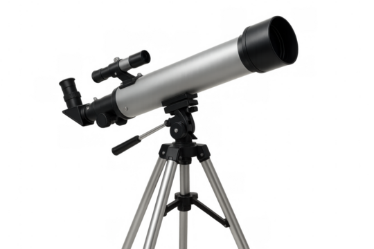 Modern telescope pointing towards the sky, ready for astronomical observation, isolated on transparent background