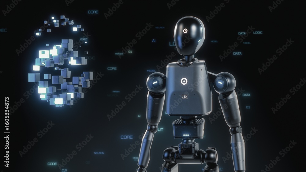 Poster visualization of advanced humanoid robot interacting with hologram of digital cubes, showcasing digi