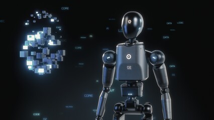 Visualization of Advanced Humanoid Robot Interacting with Hologram of Digital Cubes, Showcasing...