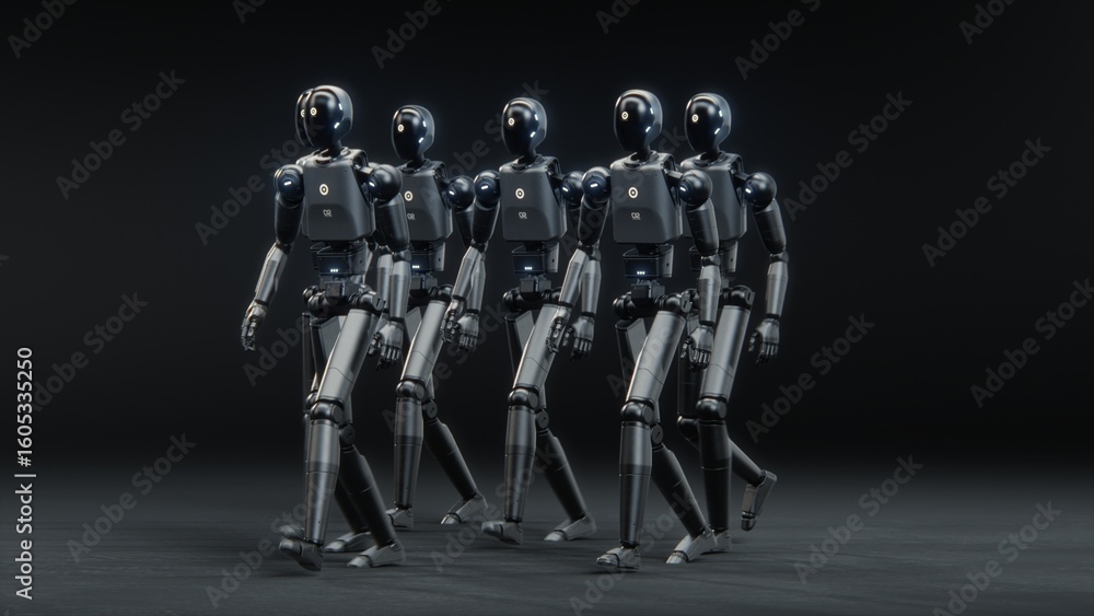 Aufkleber futuristic visualization of group of advanced humanoid robots marching together across dark digital 