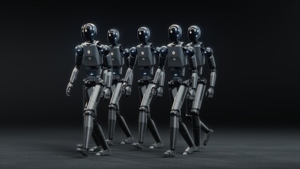 Futuristic Visualization of Group of Advanced Humanoid Robots Marching Together Across Dark Digital...