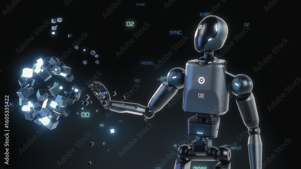 Poster visualization of advanced humanoid robot interacting with hologram of digital cubes, showcasing digi