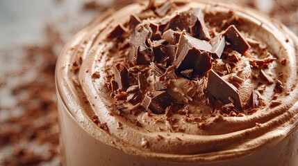 Chocolate mousse dessert in glass topped with rich chocolate chunks and delicate shavings close-up