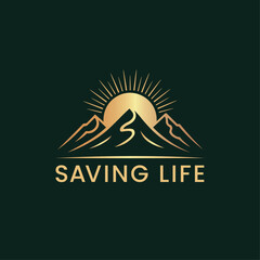 vector illustration of a mountain with sunrise, Vector logo for mountain and sun on dark green background.