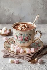 Vintage floral teacup filled with hot chocolate and marshmallows on matching saucer and textured table