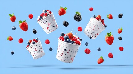 Flying yogurt cups with swirl topping and mixed berries on light background, strawberry and blueberry mix