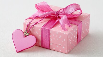 Pink gift box with heart tag and shiny ribbon bow on white background for romantic celebration concept