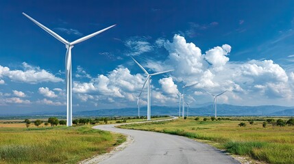 Wind turbines on green countryside with winding road under blue sky and fluffy white clouds in summer