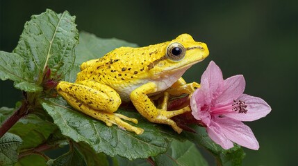 Yellow frog resting on green leaves beside a delicate pink flower in vibrant close-up macro nature scene