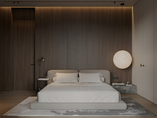 Sophisticated bedroom interior featuring a padded beige bed, wooden accent wall, and circular wall-mounted lamp with soft glow. © Alexuans