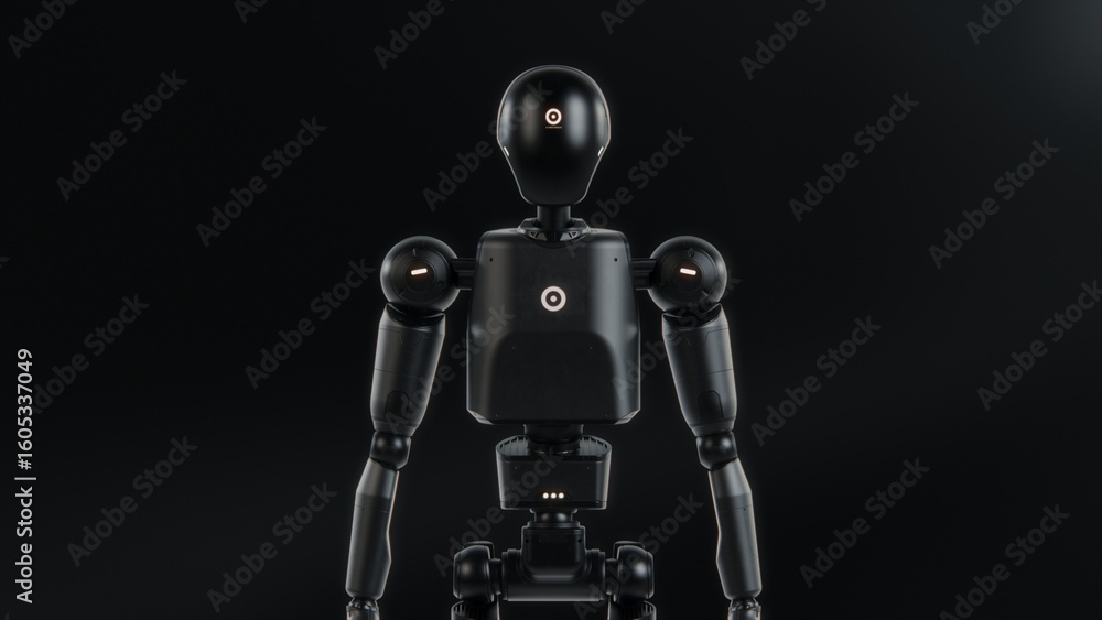 Fototapete Visualization of Advanced Humanoid Robot Showing Floating Future Inscription in High-Tech Environment. Abstract and Futuristic Artificial Intelligence Technology Concept. Visual Effects Animation.