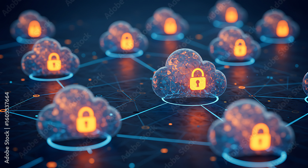 Poster cloud security: a digital rendering depicts glowing cloud icons, each secured with a padlock symbol,