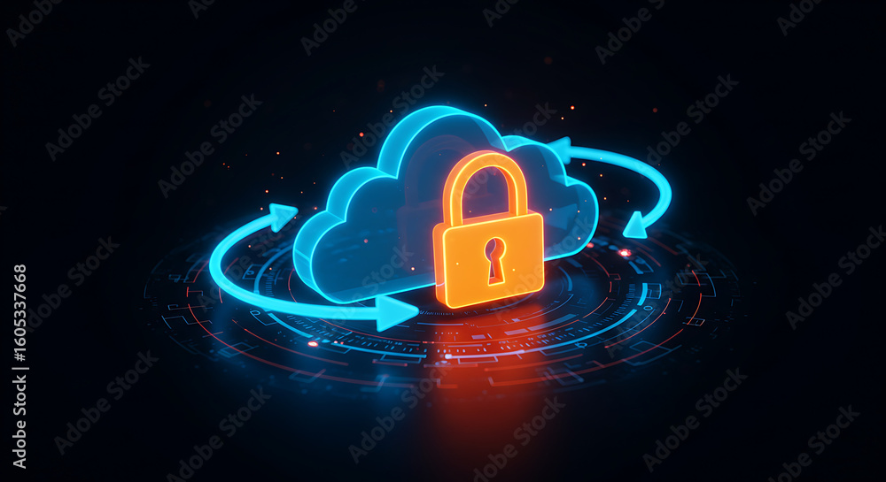 Poster cloud security icon: a vibrant illustration showcasing cloud computing security, featuring a glowing