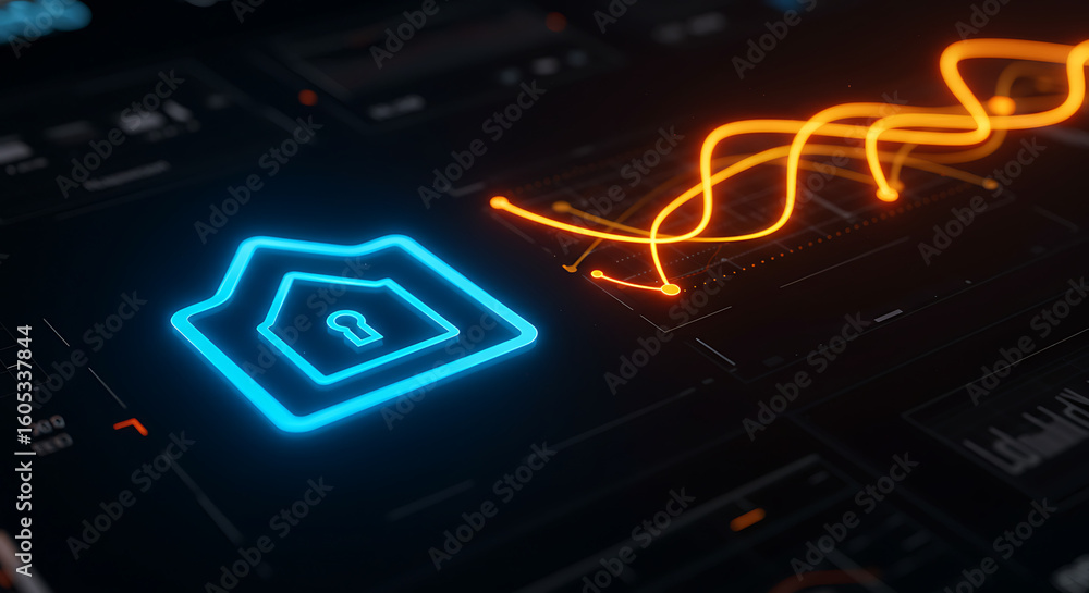 Poster smart home security at forefront: futuristic representation of home security, depicted by a glowing 
