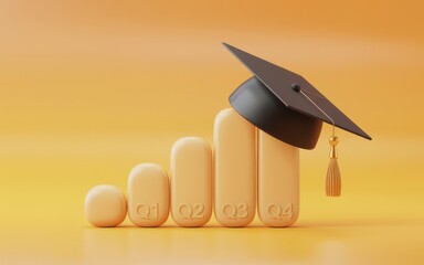 Conceptual representation of educational growth and achievement symbolized by a graduation cap atop a bar chart on a yellow background, illustrating progress and success in learning.
