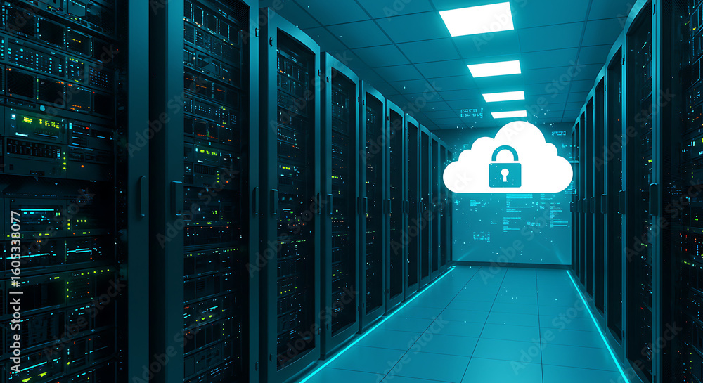 Poster data security and digital clouds: illustrative image depicting a server room featuring a digitally r