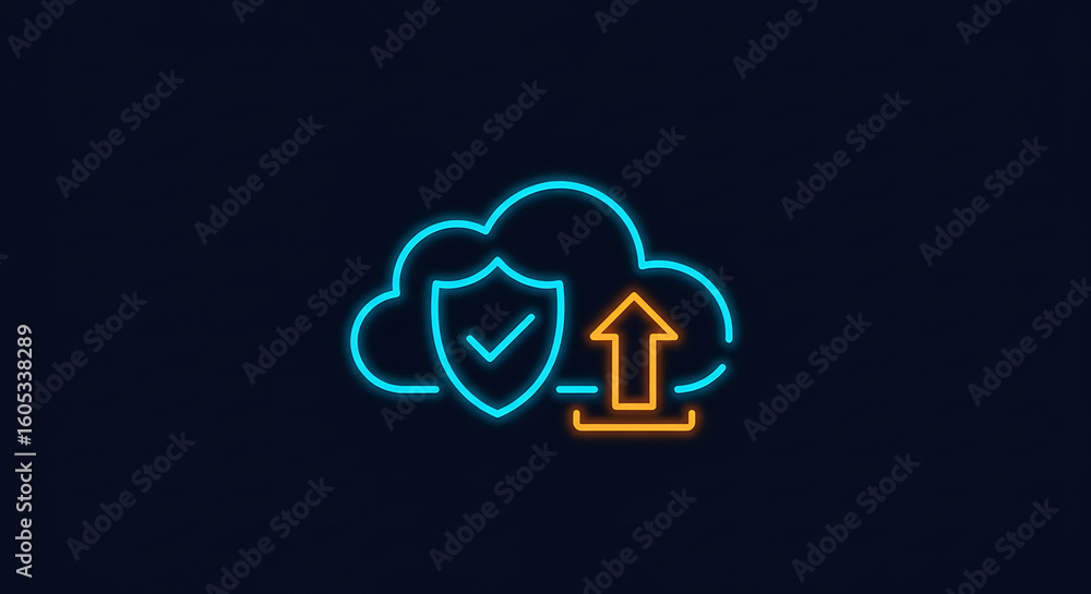 Poster secure cloud storage icon: a neon-style illustration presents a cloud with a protective shield and a