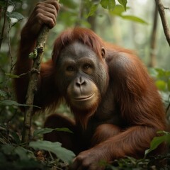 Fototapeta premium Orangutan rests in rich green jungle foliage, holding onto tree branch. Great ape displays characteristic reddish-brown fur, intelligent face. Natural habitat provides serene backdrop for endangered
