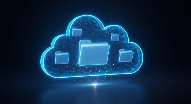 Cloud Computing and Data Storage: A luminous cloud graphic with file folders radiates on a sleek, dark backdrop, symbolizing the interconnectedness and security of digital information storage. 