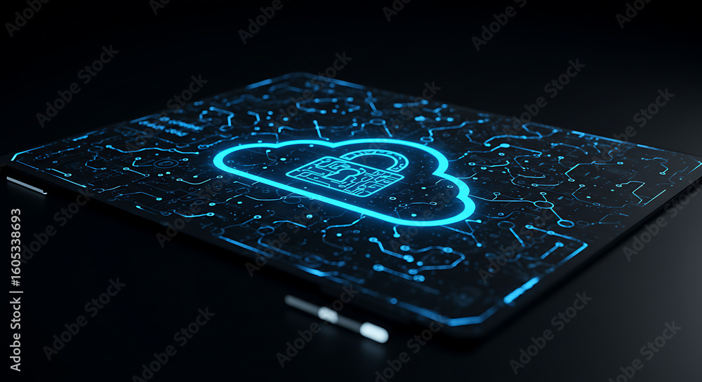 Poster secure cloud tablet: illuminated digital pathways converge upon a cloud emblem, symbolizing data pro