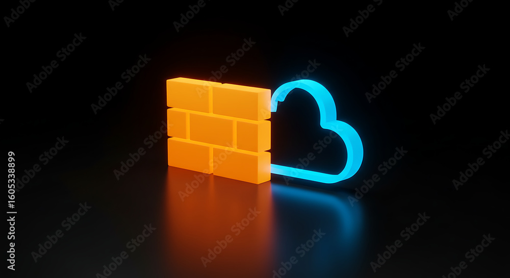Poster digital security: illuminated wall and cloud security symbols on a matte black backdrop represent ne