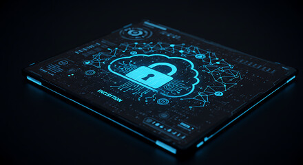 Secure Cloud Concept: A futuristic holographic display showcasing a glowing cloud icon secured with a padlock. The illustration emphasizes the significance of digital security, data protection.