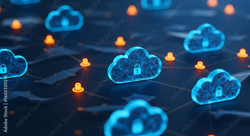 Aufkleber secure digital clouds network: a high-angle shot spotlights interconnected, digital clouds with embe