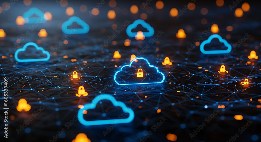 Poster secure cloud connectivity: an artistic rendering of interconnected cloud symbols and digital securit