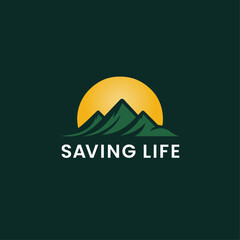 Vector illustration of a mountain landscape with sunrise. Sun and mountain logo concept design.