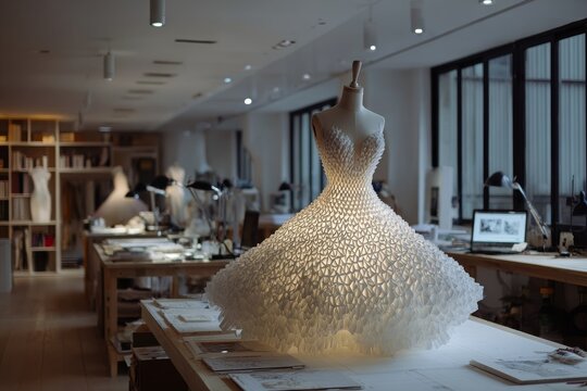Elegant white dress design on a mannequin in a bright fashion studio showcasing creativity and craftsmanship