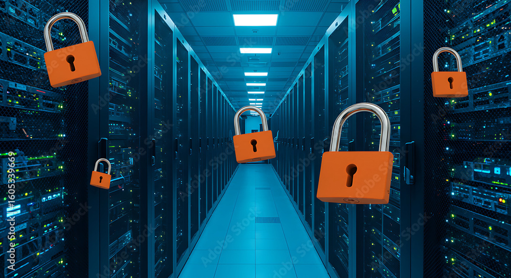 Poster data security: futuristic digital landscape with security padlock icons symbolizes data protection a