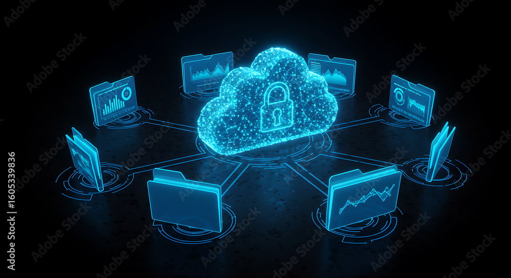 Poster secured cloud network: a striking illustration showcasing a digital cloud, interwoven with data stre