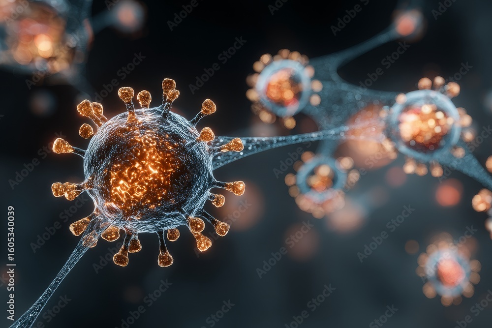 Aufkleber intricate representation of a virus with glowing particles and interconnected structures in a dark b