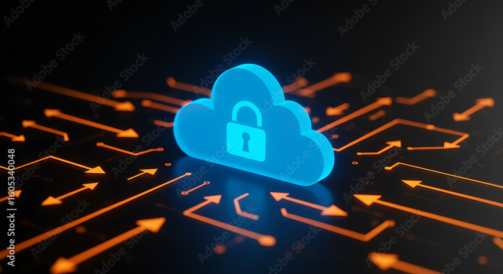 Poster cloud security: a luminous blue cloud emblem with a secure lock, surrounded by an abstract circuitry