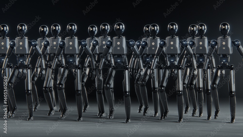 Fototapete Visualization of Army of Advanced Humanoid Robots Marching Together Synchronously Across Dark Futuristic Space. Artificial Intelligence, Robotics and Cybernetics Concept. Visual Effects Animation.